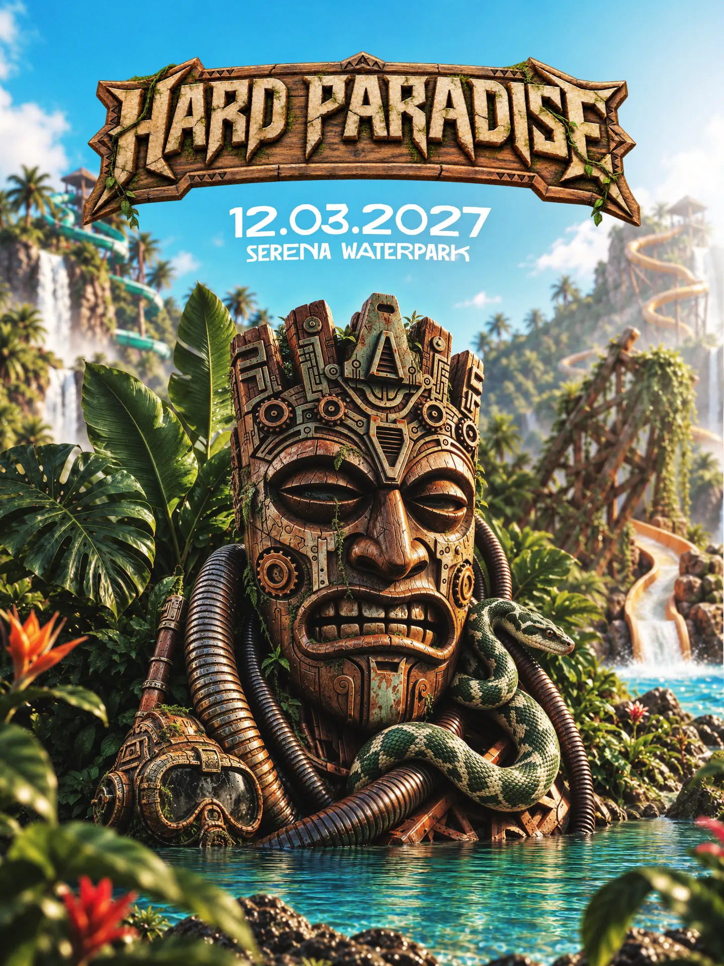Hard Paradise 2027 at Serena Waterpark with a mechanical tiki and snake