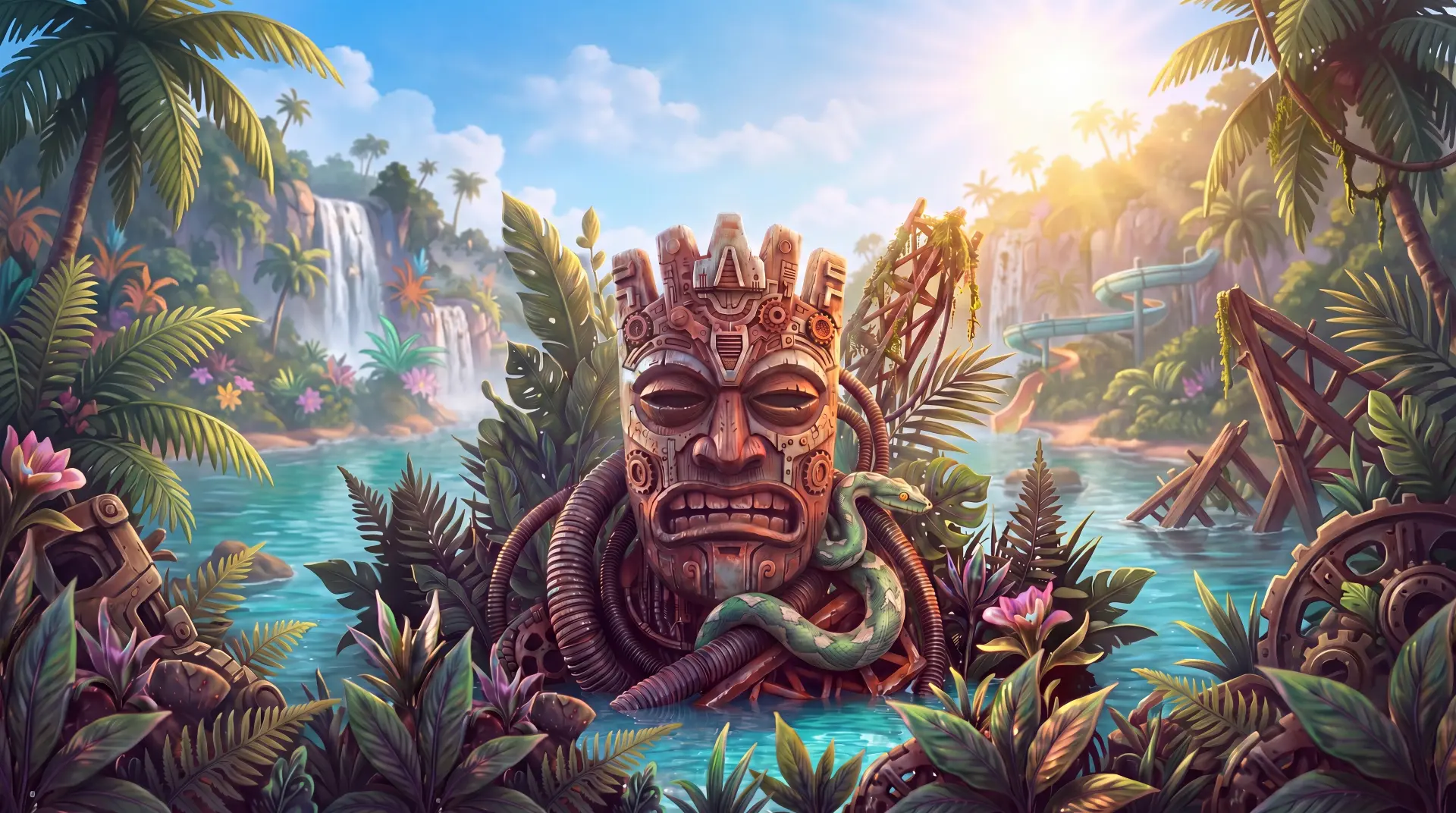 Hard Paradise mechanical tiki in Serena's tropical waterpark